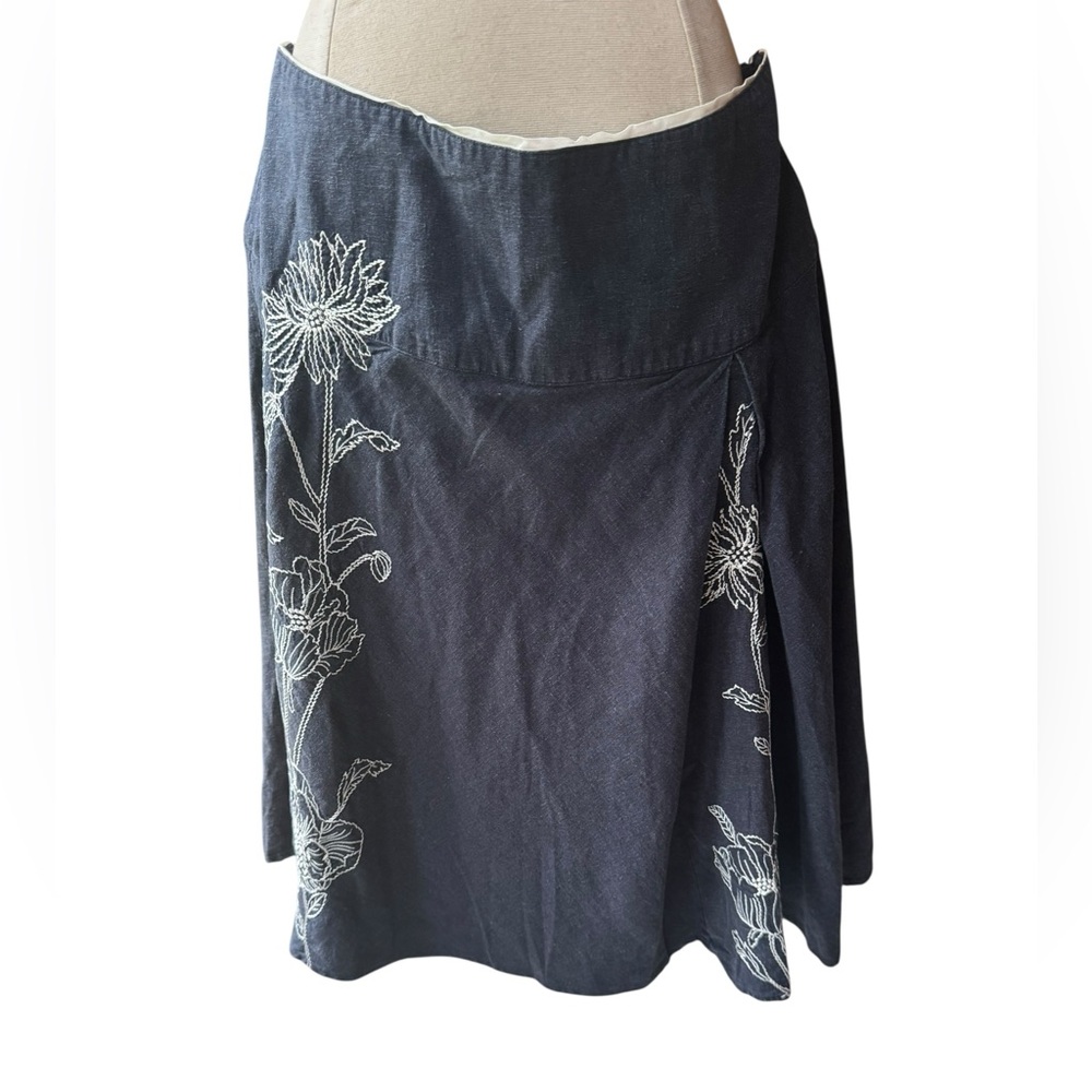 1990s Carole Little Floral Embroidered Linen/Rayon Blend Skirt